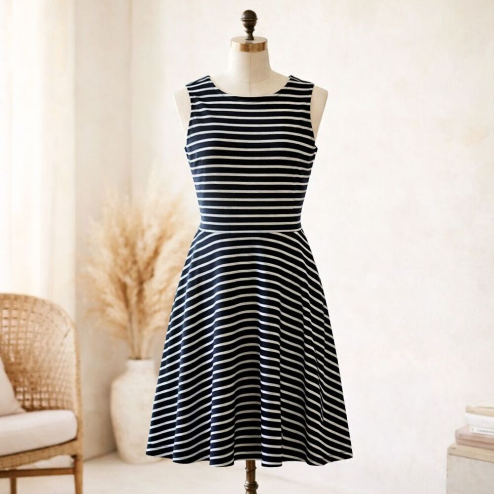 Talbots Dress Size XL Navy Blue White Striped Sleeveless Zip Back Coastal Party